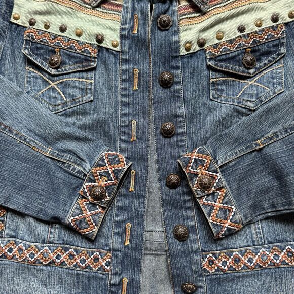 Coldwater Creek Size PM Aztec Southwestern Print Denim Blue Jean Cotton Jacket - Picture 5 of 10